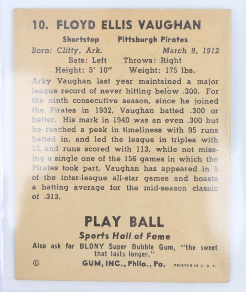 Image for 1941 Play Ball Arky Vaughan baseball card