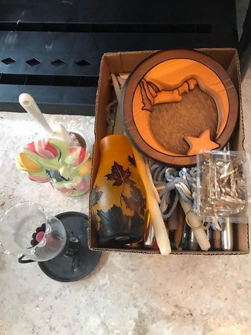 CANDLEHOLDER, CANDLES, TOILET BRUSH, ETC.