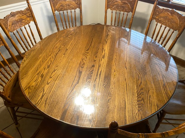 Image for Antique Oak Round Table with Glass Protective Top and 8 Chairs