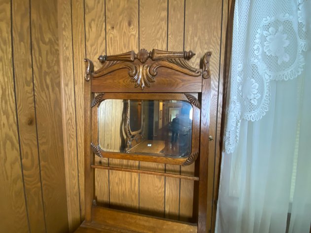 Image for Antique Oak Washstand with Beveled and Swivel Mirror, and Towel Bar.
