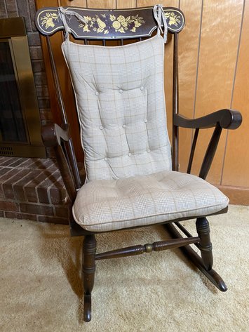 Image for Vintage Wooden Rocking Chair with Decorative Gold Stenciled Top and Tufted Cushion Set