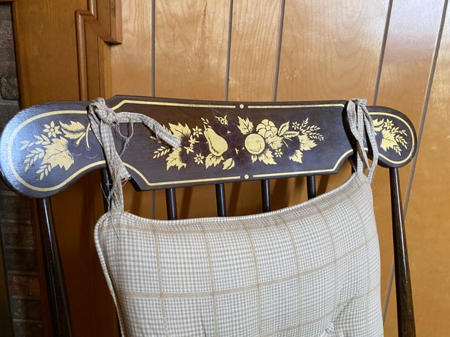 Image for Vintage Wooden Rocking Chair with Decorative Gold Stenciled Top and Tufted Cushion Set