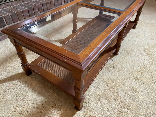 Image for Vintage Glass-Top Coffee Table with Rattan Shelf