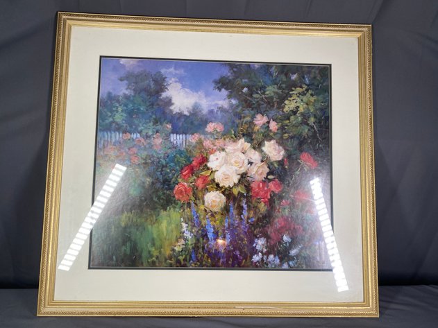 Image for Large Framed and Matted Floral Print, Signed by Artist