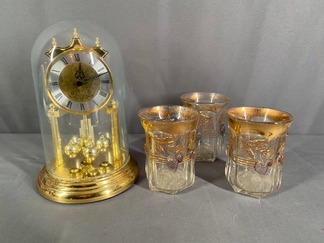 Image for (3) Antique 1911 Indiana Glass Tumblers with Strawberry and Roman Key and (1) Elgin Glass Globe Clock