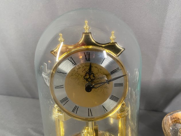 Image for (3) Antique 1911 Indiana Glass Tumblers with Strawberry and Roman Key and (1) Elgin Glass Globe Clock