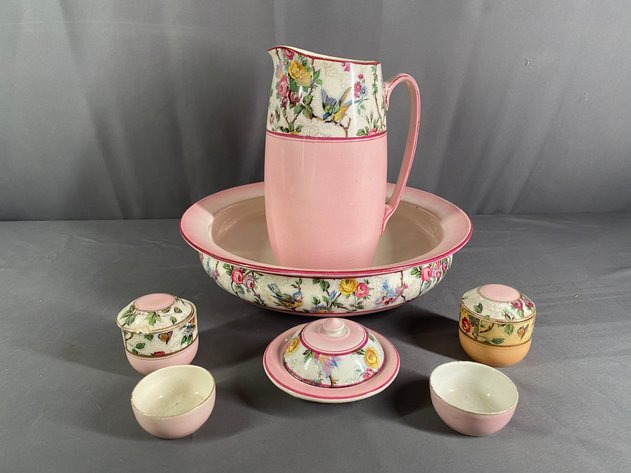 Image for Vintage (7) Piece Porcelain Floral Pitcher and Bowl Set