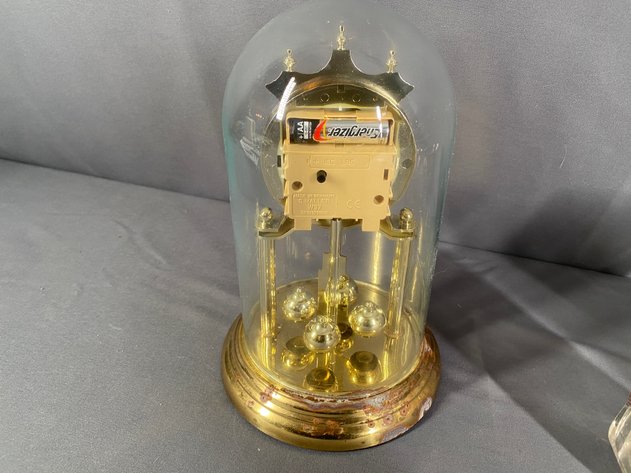 Image for (3) Antique 1911 Indiana Glass Tumblers with Strawberry and Roman Key and (1) Elgin Glass Globe Clock