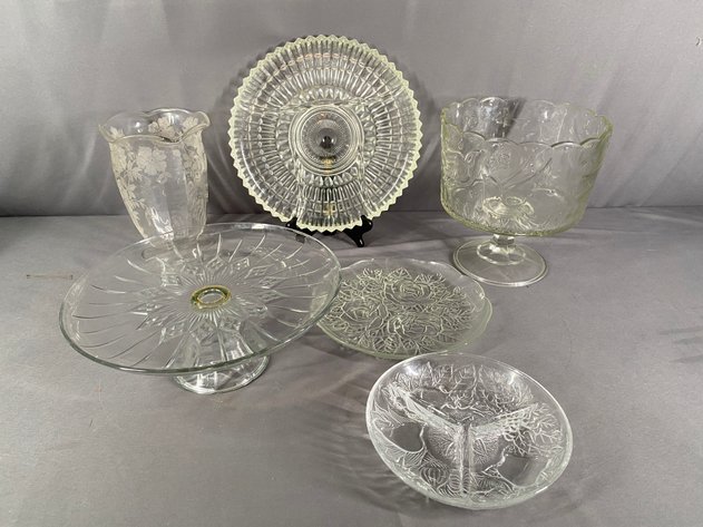 Image for (6) Piece Assortment of Cut and Etched Glass Serving and Table Ware