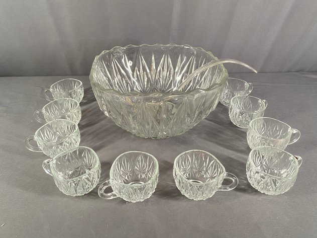 Image for Vintage Cut Glass Punch Set Including Bowl, (10) Glasses and (1) Ladle