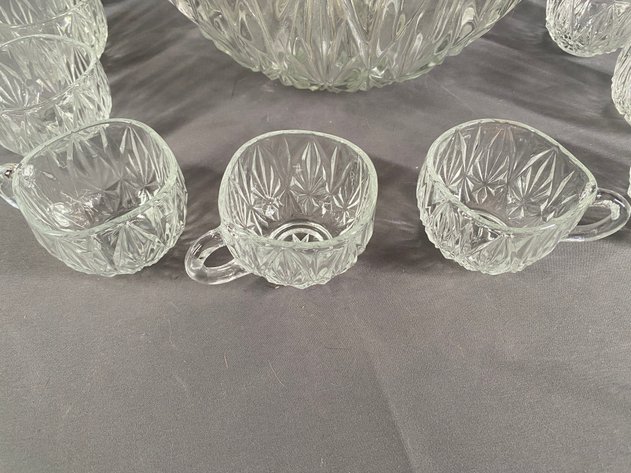 Image for Vintage Cut Glass Punch Set Including Bowl, (10) Glasses and (1) Ladle