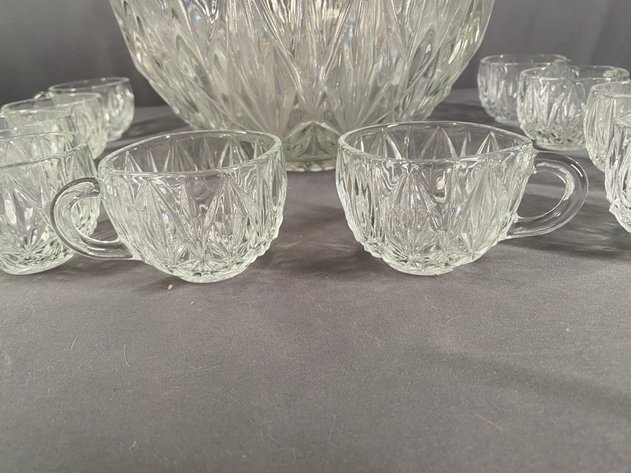 Image for Vintage Cut Glass Punch Set Including Bowl, (10) Glasses and (1) Ladle