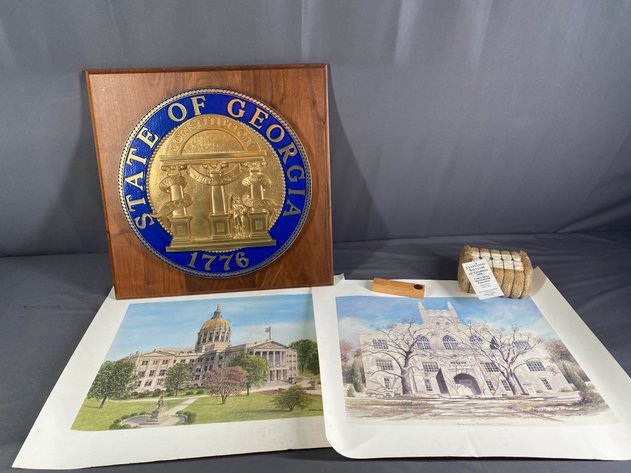 Image for State of Georgia Emblem Wall Plaque, (2) Unframed Signed Prints (Georgia Capitol) and (Georgia's Antebellum Capitol), Centennial Georgia Souvenir and Lincoln Souvenir