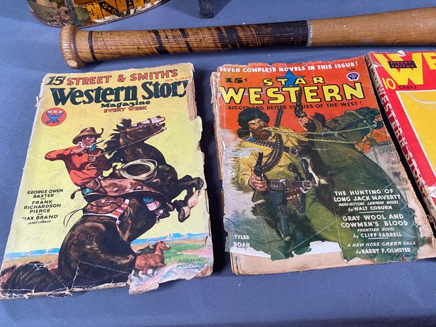 Image for Vintage Western Magazines, Vintage H & B Wooden Bat, Metal Trash Can, and Wooden Magazine Rack