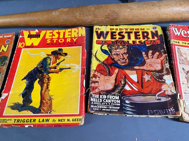 Image for Vintage Western Magazines, Vintage H & B Wooden Bat, Metal Trash Can, and Wooden Magazine Rack