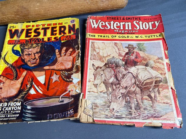 Image for Vintage Western Magazines, Vintage H & B Wooden Bat, Metal Trash Can, and Wooden Magazine Rack