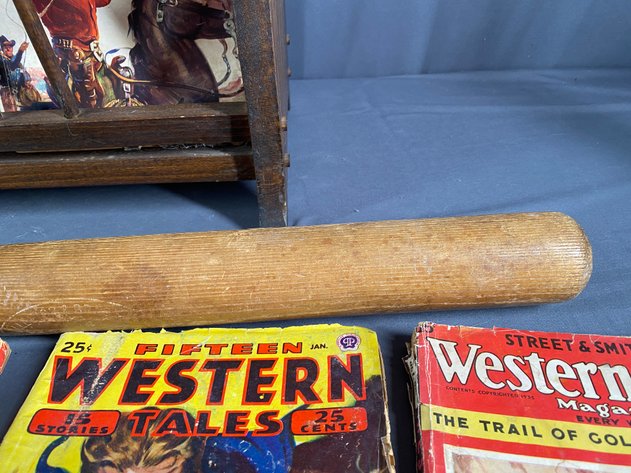 Image for Vintage Western Magazines, Vintage H & B Wooden Bat, Metal Trash Can, and Wooden Magazine Rack