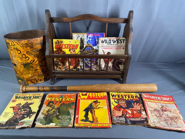 Image for Vintage Western Magazines, Vintage H & B Wooden Bat, Metal Trash Can, and Wooden Magazine Rack