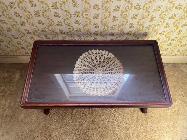 Image for Vintage-Antique Wood and Glass Coffee Table with Hand-Crocheted Doily