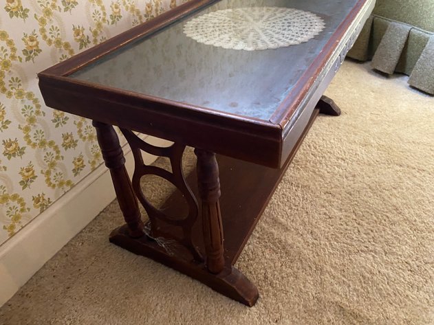 Image for Vintage-Antique Wood and Glass Coffee Table with Hand-Crocheted Doily