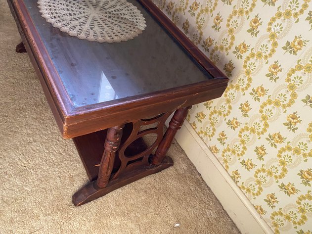 Image for Vintage-Antique Wood and Glass Coffee Table with Hand-Crocheted Doily
