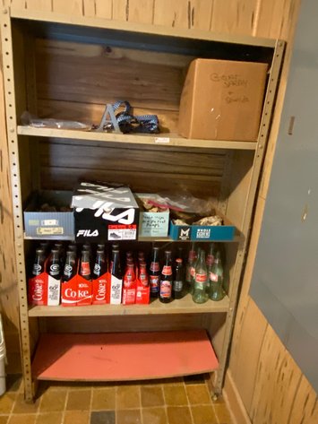 Image for (4) Shelf Adjustable Metal Storage Shelf with Contents, Includes Shelf, Various Vintage Coca Cola Bottles and Rock Collection