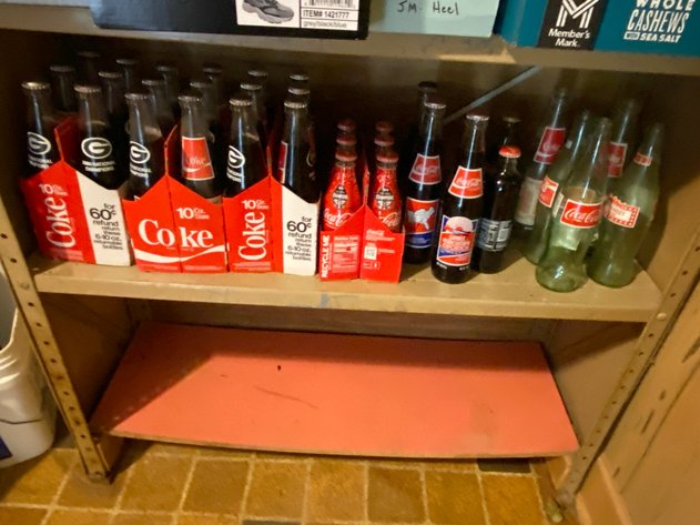 Image for (4) Shelf Adjustable Metal Storage Shelf with Contents, Includes Shelf, Various Vintage Coca Cola Bottles and Rock Collection