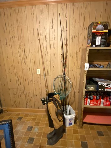 Image for Fisherman's Lot Includes Waders, Various Fishing Poles, Rods and Reels, Net, and Gear