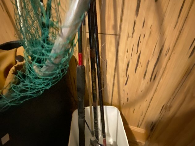 Image for Fisherman's Lot Includes Waders, Various Fishing Poles, Rods and Reels, Net, and Gear