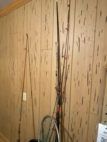 Image for Fisherman's Lot Includes Waders, Various Fishing Poles, Rods and Reels, Net, and Gear