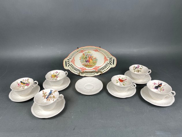 Image for Vintage Royal Cauldon English Bird Cups and Saucers, (6) Cups and (8) Saucers, and (1) Vintage German Bavarian Courting Couple Reticulated Serving Bowl