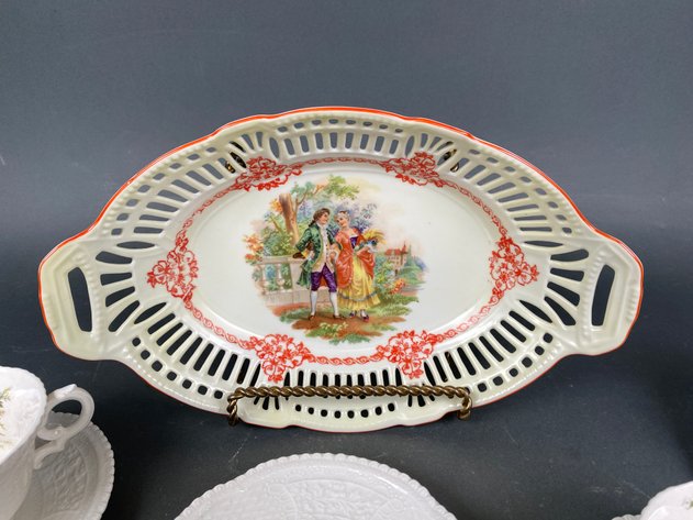Image for Vintage Royal Cauldon English Bird Cups and Saucers, (6) Cups and (8) Saucers, and (1) Vintage German Bavarian Courting Couple Reticulated Serving Bowl
