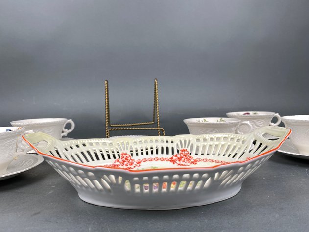 Image for Vintage Royal Cauldon English Bird Cups and Saucers, (6) Cups and (8) Saucers, and (1) Vintage German Bavarian Courting Couple Reticulated Serving Bowl