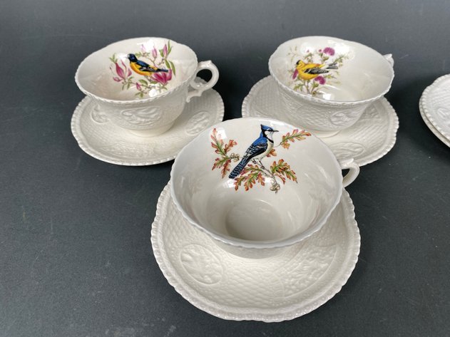 Image for Vintage Royal Cauldon English Bird Cups and Saucers, (6) Cups and (8) Saucers, and (1) Vintage German Bavarian Courting Couple Reticulated Serving Bowl