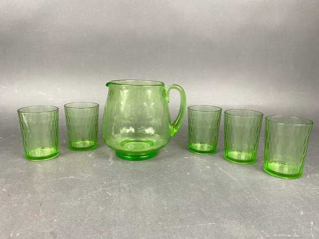 Image for (6) Vintage Uranium Glass Pitcher and Water Glass Set in 