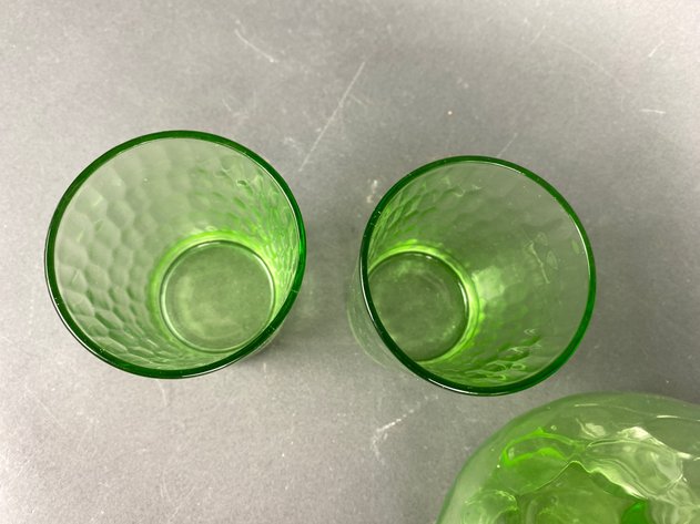 Image for (6) Vintage Uranium Glass Pitcher and Water Glass Set in 