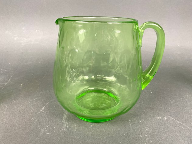 Image for (6) Vintage Uranium Glass Pitcher and Water Glass Set in 