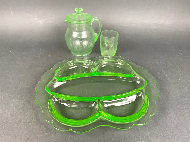 Image for (3) Pieces of Vintage Uranium Glass Including Tiffin Etched Floral Water Pitcher and Glass and Large Divided Condiment Dish