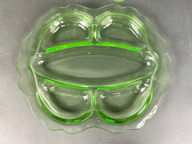 Image for (3) Pieces of Vintage Uranium Glass Including Tiffin Etched Floral Water Pitcher and Glass and Large Divided Condiment Dish