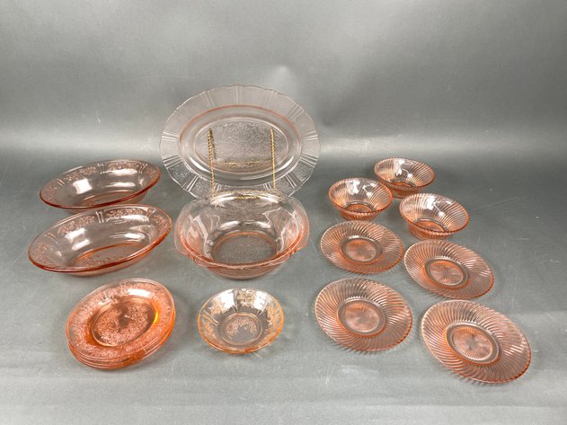 Image for Assortment of (16) Pink Depression Glass Serving Pieces, Various Patterns and Makers