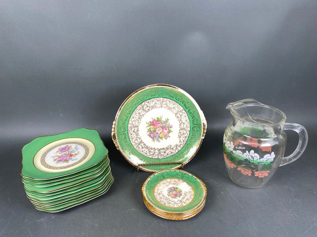 Image for Assortment of Vintage Floral Themed Serving Pieces, Including Royal China, Bavarian Plates and Glass Wild Rose Pitcher