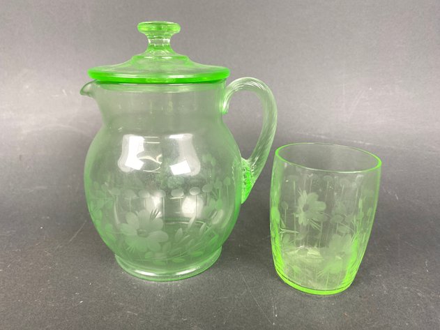 Image for (3) Pieces of Vintage Uranium Glass Including Tiffin Etched Floral Water Pitcher and Glass and Large Divided Condiment Dish