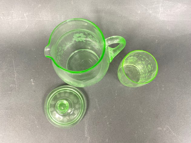 Image for (3) Pieces of Vintage Uranium Glass Including Tiffin Etched Floral Water Pitcher and Glass and Large Divided Condiment Dish