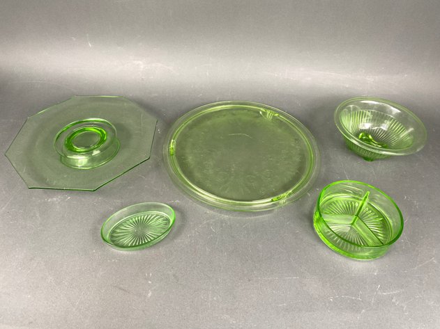Image for (5) Jeanette Uranium Glass Serving Pieces in 