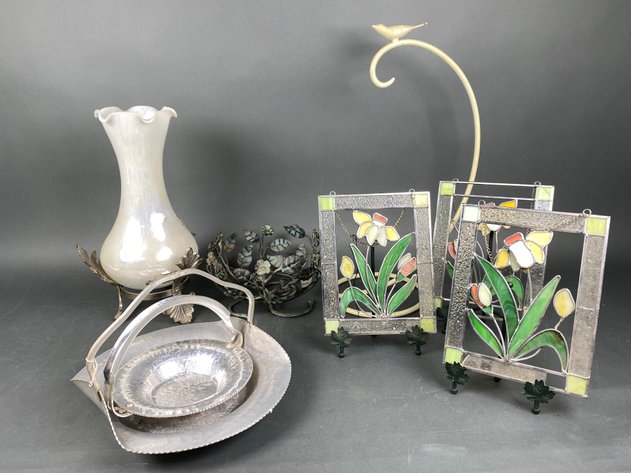 Image for Assortment of Home Decor Including Murano Style Blown Glass Vase, Metal Serving Platters, Floral Glass Window Art and More!