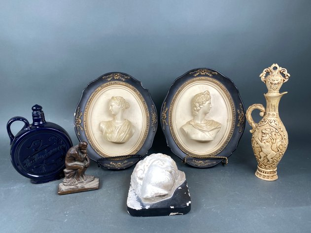 Image for (2) Abco Apollo and Artemis Bust Wall Plaques, (1) Alexander the Great Stoneware Bust, (1) Rodin the Thinker Cast Metal Bronze Book End, Fleishman's Antique Crème D Menthe Bottle and More!