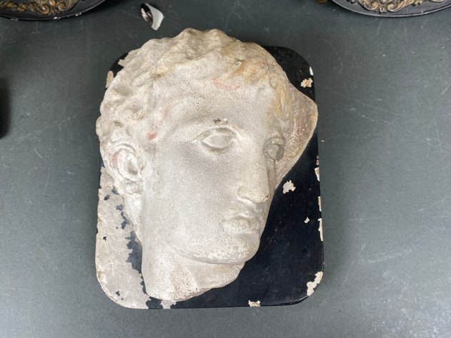 Image for (2) Abco Apollo and Artemis Bust Wall Plaques, (1) Alexander the Great Stoneware Bust, (1) Rodin the Thinker Cast Metal Bronze Book End, Fleishman's Antique Crème D Menthe Bottle and More!