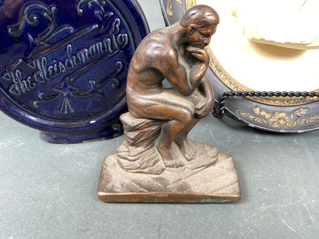 Image for (2) Abco Apollo and Artemis Bust Wall Plaques, (1) Alexander the Great Stoneware Bust, (1) Rodin the Thinker Cast Metal Bronze Book End, Fleishman's Antique Crème D Menthe Bottle and More!