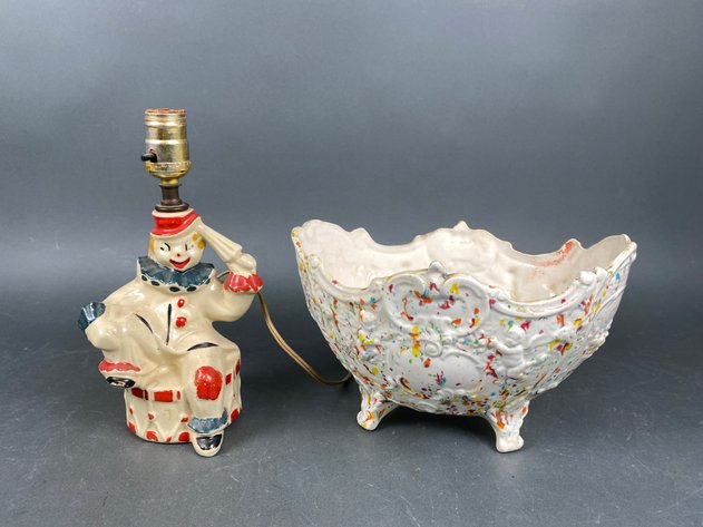 Image for Vintage Lane and Company Clown Lamp and MCM Splatterware Pedestal Planter