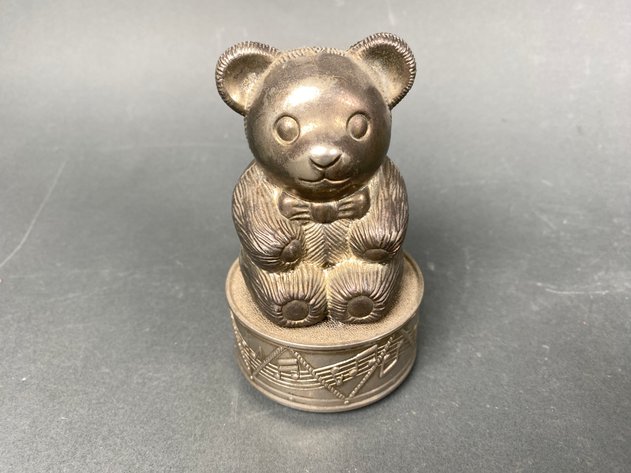 Image for (5) Piece Assortment of Vintage Decor Including MCM Brass Vanity Mirror, Brass Owl Figurine, Bear Bank/Music Box, Elgin American Cigarette Case/Lighter and Floral Cloissoine Trinket Box